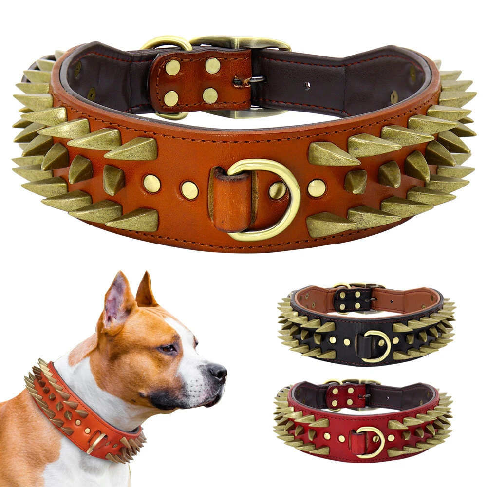 Spiked Studded Leather Dog Collar Heavy Duty Wide Neck Strap for Pitbull Boxer