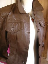 Real Leather Trucker Jacket 14 Biker Relaxed Tan Soft Washable Centigrade