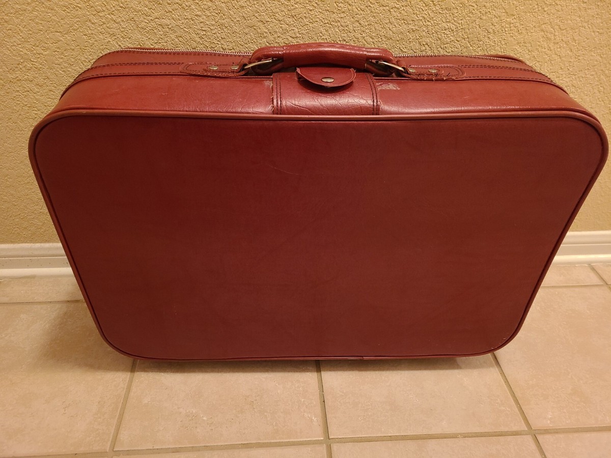 Vintage 60s 70s Large Red Vinyl Suitcase Made by Sears