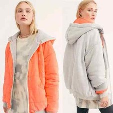 Free People Kit Reversible Puffer Jacket, Orange Grey, Small, Rrp $168