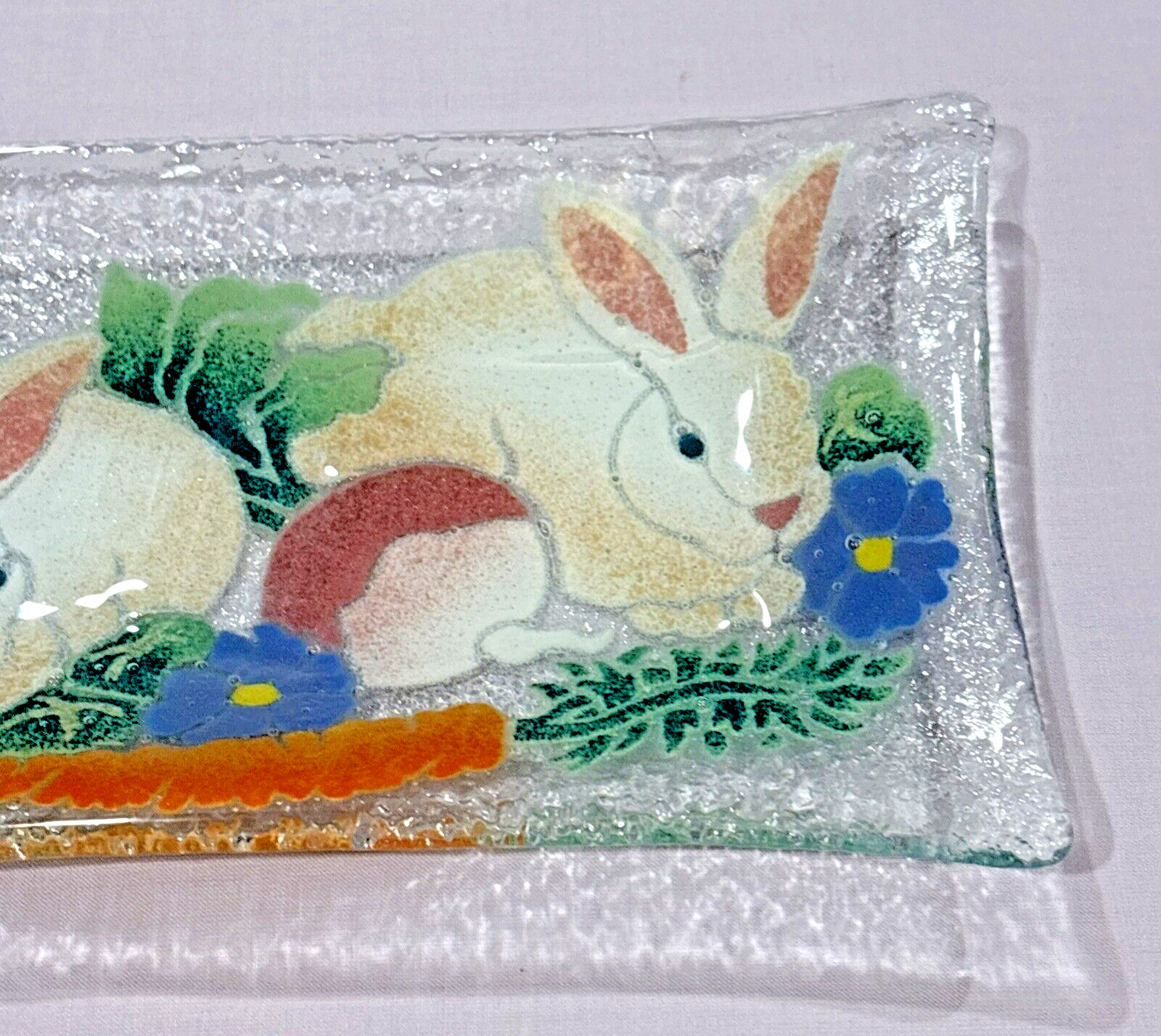 Signed & Dated Peggy Karr Fused Art Glass Tray Platter Bunny Rabbit 9.75 x 5.75
