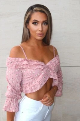 brand new parisian pink ditsy floral ruffle cold shoulder top size 8 - Image 1 of 2