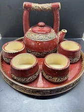 Pier 1 One Shanghai Set Tea Pot  4 Cups Tray Deep Red Brown Rustic Earthenware