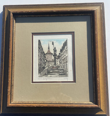 Original Artwork Colored Etching by Ernst Linck Bern Courtyard and Lieje