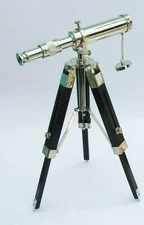 Nautical Brass Silver Plated Desk Marine Telescope W/Black Wooden Tripod Stand