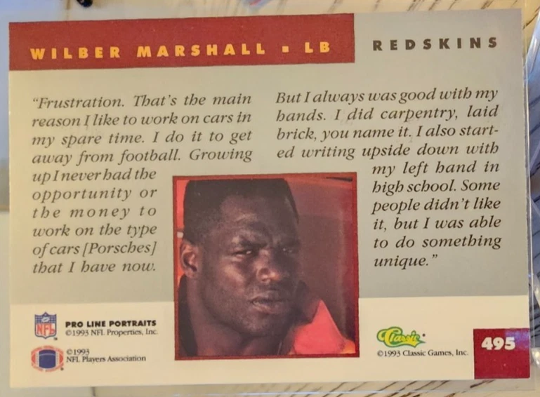 1993 Pro Line Portraits Wilber Marshall #495 Redskins - Image 2 of 2