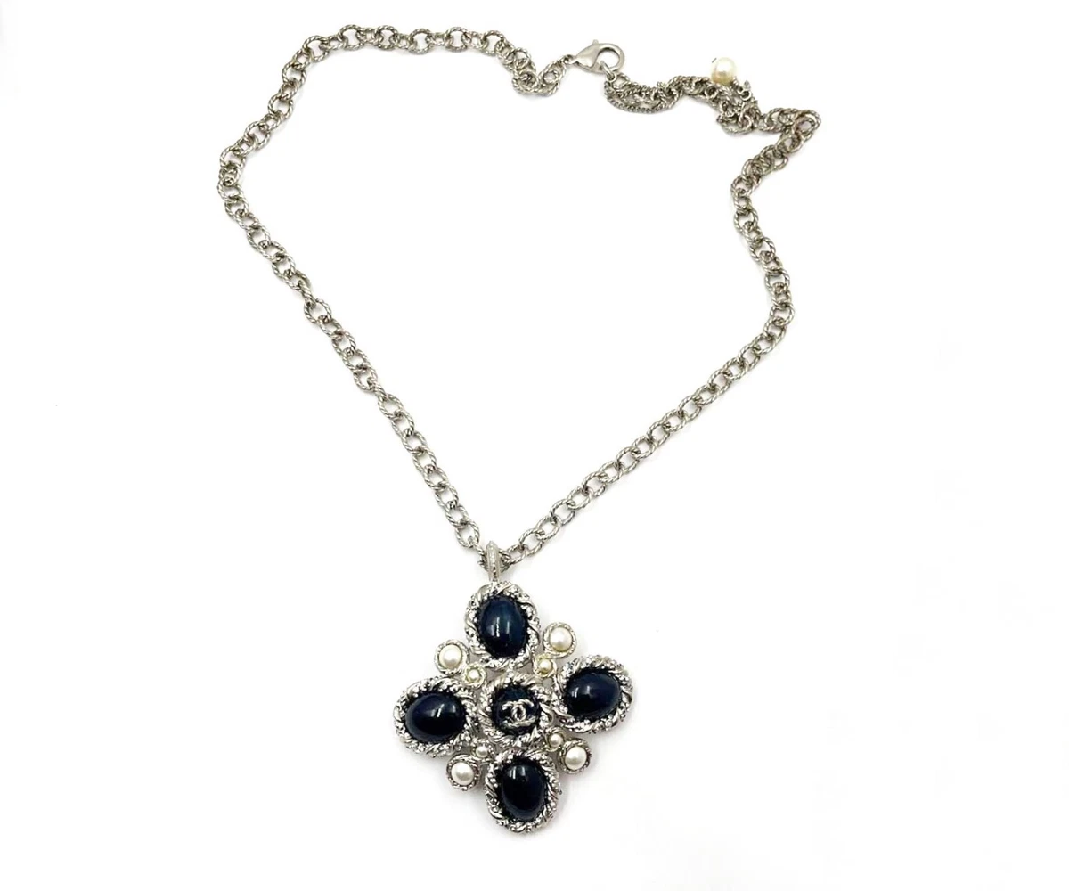 Chanel Silver Rope CC Navy Stone Cross Pendant Necklace