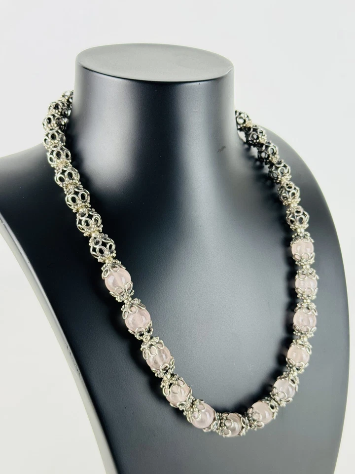 Girocollo Tibetano Collana In Argento E Sfere Quarzo Rosa Gioiello Tibet XX Sec. - Immagine 3 di 4