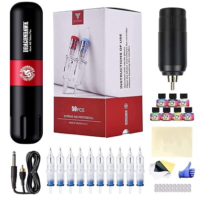 Dragonhawk Tattoo Pen Kit Wireless Battery Power Supply 50PcsTattoo Cartridges