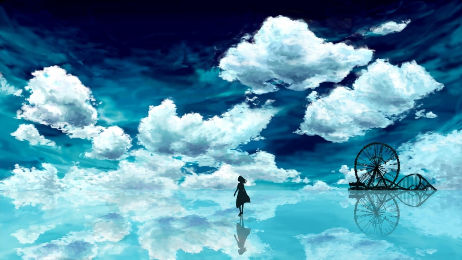 Anime fantasy art sky anime girls clouds reflection Playmat Gaming Mat Desk