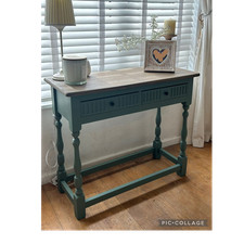 Country Style Pine Console Table, Green & Brown, 2 Drawers, 68x34x68cm, Used