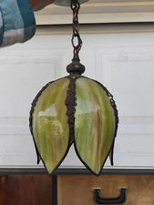 Vintage Green Tulip Slag Glass Hanging Lamp