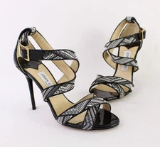 Jimmy Choo Black White Louise Woven Patent Ankle Strap Heel Shoe 38 8
