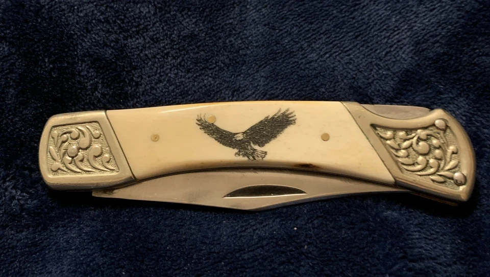 Navaja de bolsillo Hunter vintage mango de hueso Scrimshaw águila grabada refuerzos funda Foto 2 de 4