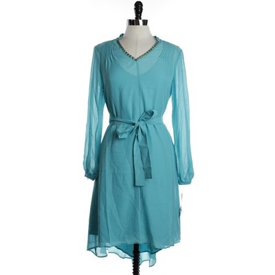Queen Collection NEW Womens M Turquoise Solid Split Neck Shift Dress Mid-Calf