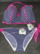 Ladies Navy Blue Pink White Floozie Frost French Bikini Size 14 Bottoms 36E Top
