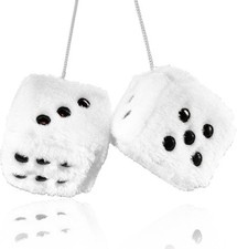 Fuzzy Plush Dice for Car Mirror, Pair of Retro 3" White with Black
