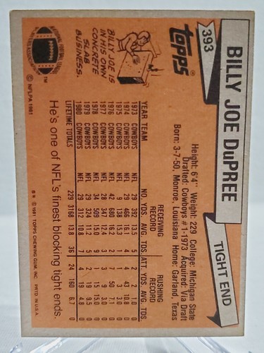 1981 Topps #393 Billy Joe DuPree Dallas Cowboys - Picture 2 of 2