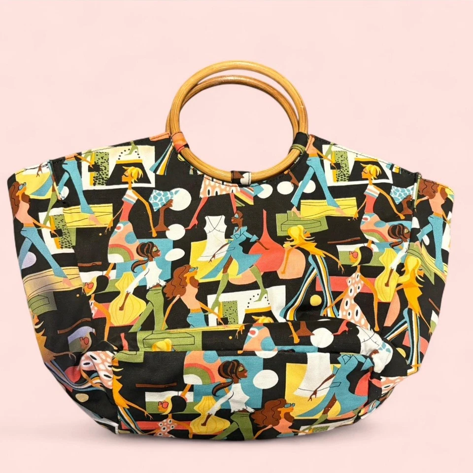 Bolso de Mano Neiman Marcus Arte Pop Mujer Estampado Años 60 Mod Estilo Retro Asas de Bambú Y2K Foto 4 de 4