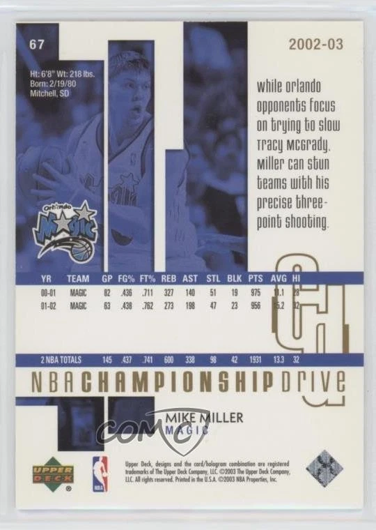 2002-03 Upper Deck Championship Drive Gold /125 Mike Miller #67 - Image 2 of 2