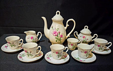 Floral Ceramic Tea Set White Pink Green Teapot, Cups Saucers, Creamer