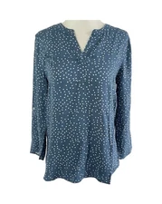 New Daniel Rainn Roll Tab Sleeve Split Neck Blouse Koda Teal Dot Petite Size XS