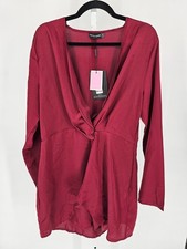 Pretty Little Thing Womens Sz 12 Knee Length Long Sleeve Satin Dress Burgundy