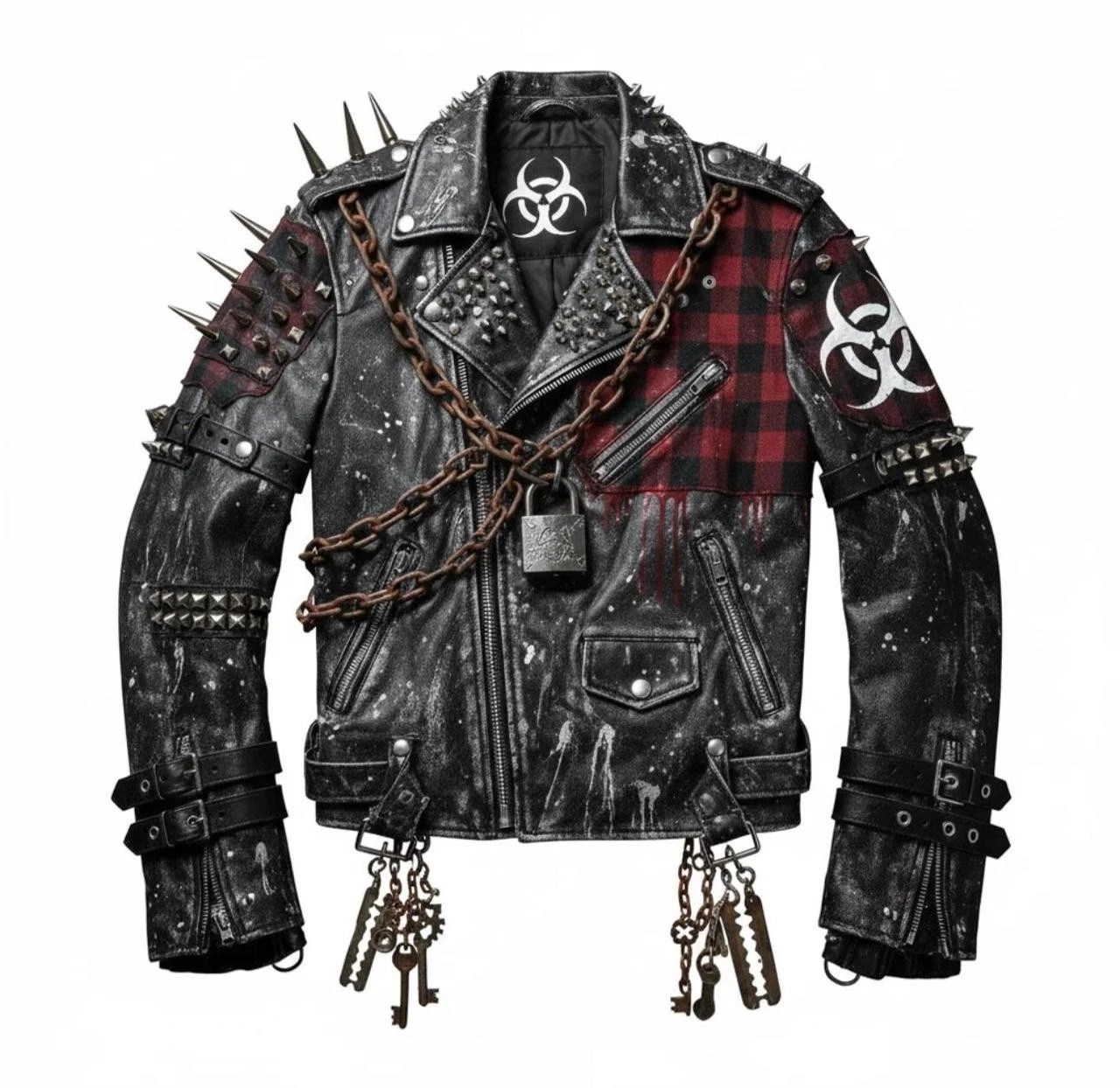 Punk Gothic Spiked Leather Biker Jacket Chains Biohazard Rock Fashion Coat