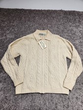 NWT Aran Crafts Cream 100 Wool Cable Knit Full Zip Sweater Large Ireland READ