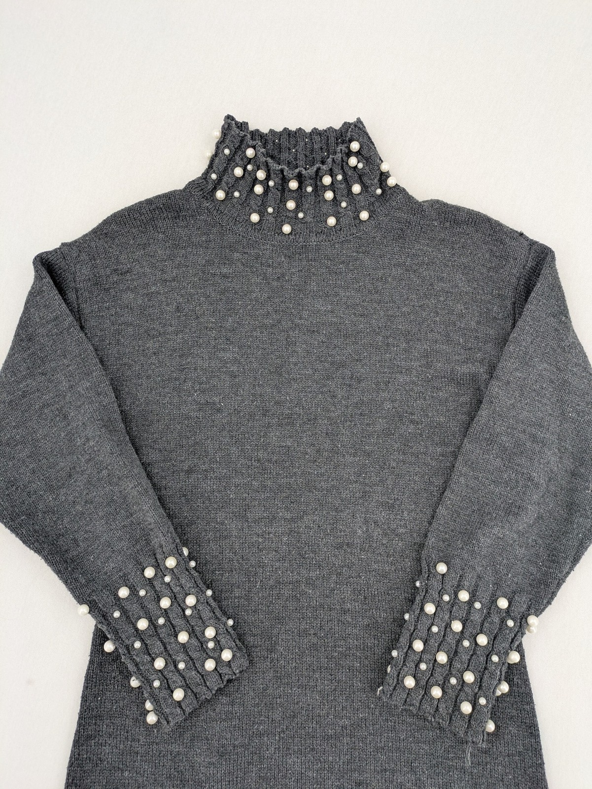 SHEIN Damen Pullover Kleid M grau Perlen verziert Stehkragen Langarm Strick image 2