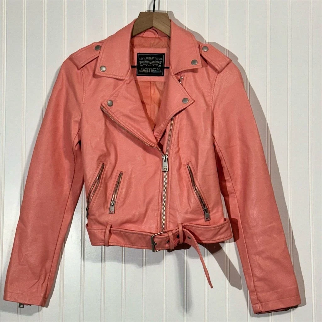 Levi’s Women’s XS Pink Faux Leather Moto Jacket Belted Biker Coral Cropped