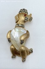 Vintage Crown Trifari Gold Tone Mother of Pearl Poodle Brooch Pin Rhinestone