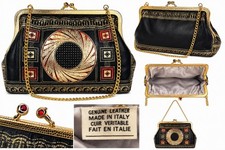Vintage Italian Genuine Leather Kiss Lock Clutch Purse Gold Chain Black Red Gold