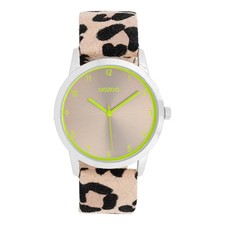 Oozoo Uhr Armbanduhr Designuhr Neongrün / Silber / Leo Print  ca. 38 mm - C11645