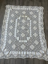 Antique Ivory Filet Lace Linen Tablecloth Embroidered 48x63 Open Weave Textured