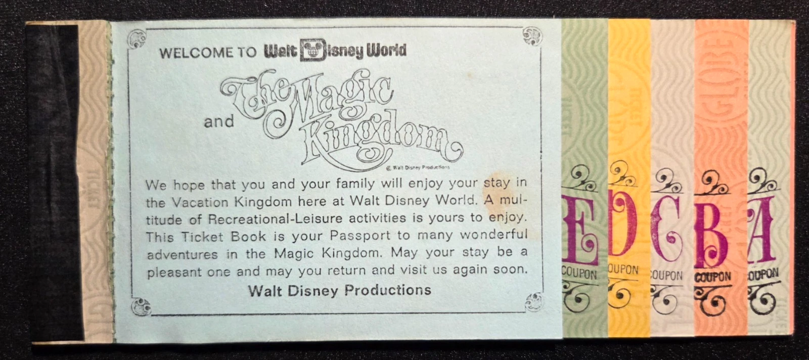1972 Walt Disney World Magic Kingdom Adult Ticket Book 11 Adventures A B C D E