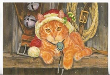 NOS LEANIN' TREE Christmas Card 4.75x6.75 Orange Cat in Barn Jingle Bells Hat