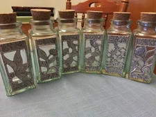 Lot Of 6 Glass Spice Herb Jars With Floral/Leaves Pewter Labels & Cork Tops 