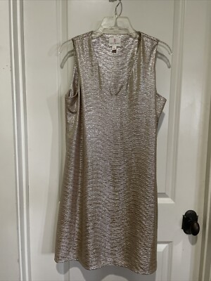 Julie Brown NYC Metallic Gold Textured Lame Shift Party Cocktail Dress Womens L