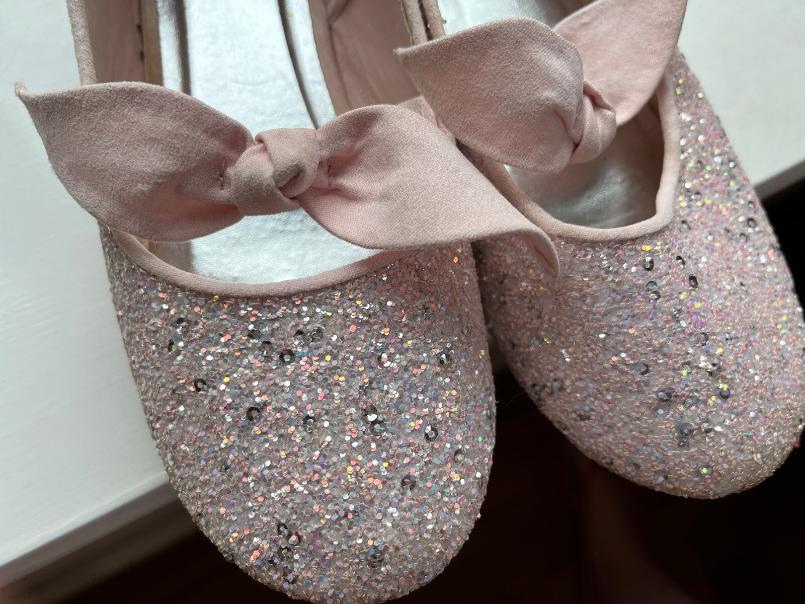 Ladies Monsoon Pale Pink Ribbon SLIP ON BALLET Glitter SHOES Flats Size