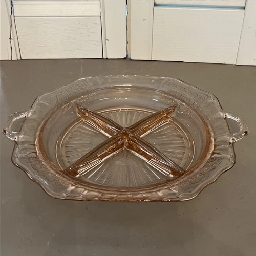 Mayfair Open Rose Pink Depression Glass Divided Bowl 2-Handled 10”