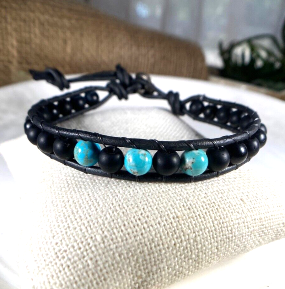 Men's Turquoise and Matte Black Agate 6mm Beaded Wrap Leather