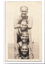 Real Photo Postcard RPPC - Four Male Bathers Stacked - Male Camaraderie