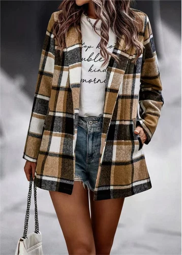 Women's loose checkered printed long sleeved cardigan- - Foto 17 di 24