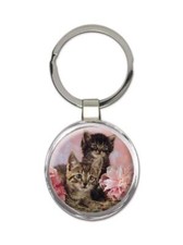 Cat : Gift Round Keychain Cute Animal Kitten Funny Friend Flowers Pet
