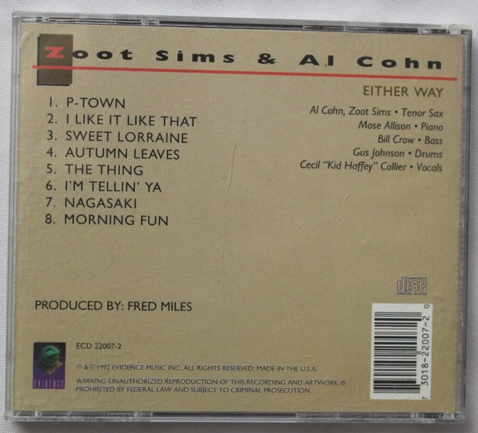 ZOOT SIMS AND AL COHN EITHER WAY [USED CD] EVIDENCE JAZZ - Image 2 of 4