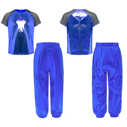 Kids Girls Jazz Hip Hop Dance Set 2Pcs Glossy Metallic Athletic Shirt with Pants - Picture 29 of 38