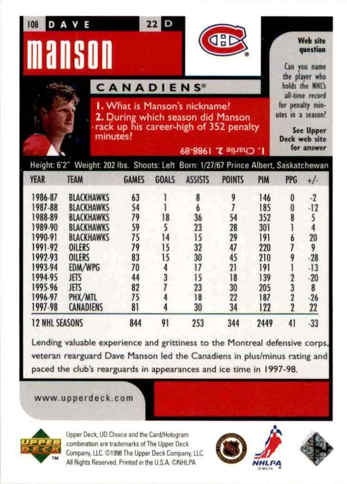 1998-99 Upper Deck UD Choice Reserve Dave Manson #108 - Image 2 of 2