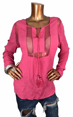 Jopseh A Large Top NWT Pink Stretch Crochet Soft Neck Tie Tunic Blouse Easy Wear