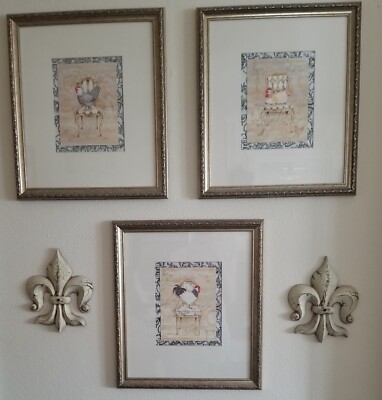 Kathryn White~French~Framed Chickens On Chairs~Fleur De lis~Wall
